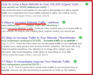 Google search result for the query "increase website traffic"