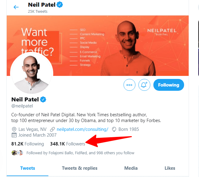 Neil Patel Twitter profile page