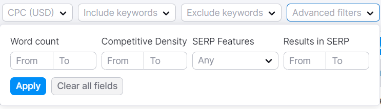 Semrush keyword magic advance filter features