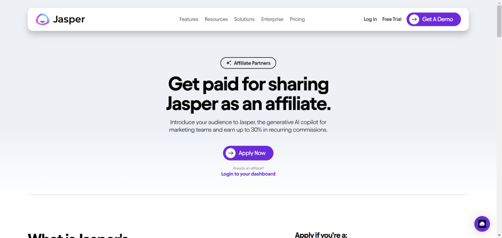 Jasper AI Affiliate Program landing page