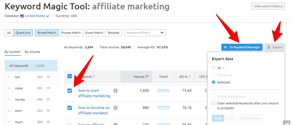 exporting keyword data in semrush keyword magic