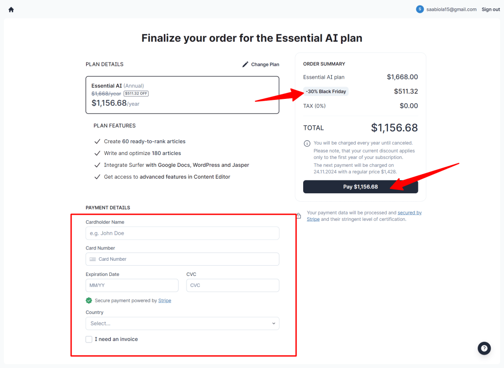 Surfer SEO checkout cart page