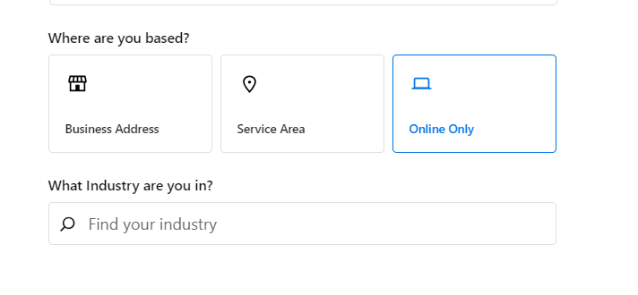 choosing business area. service address and Online only