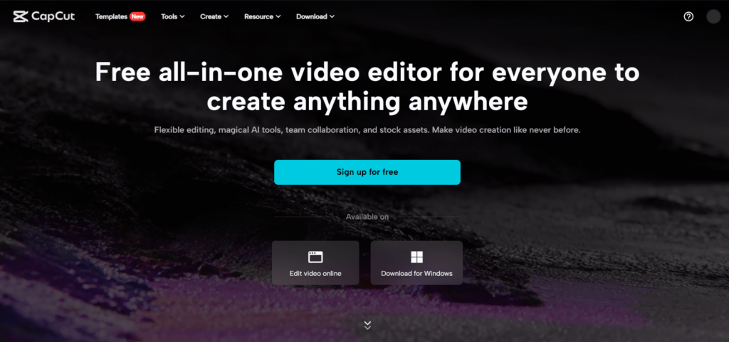 Free ai video editor - CapCut front page