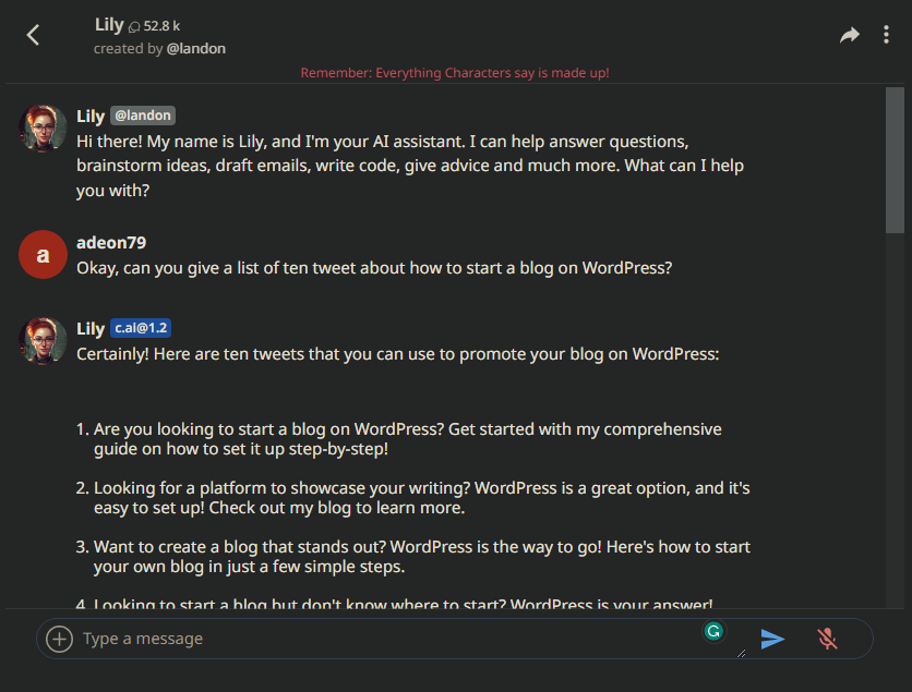 Character ai tweet example