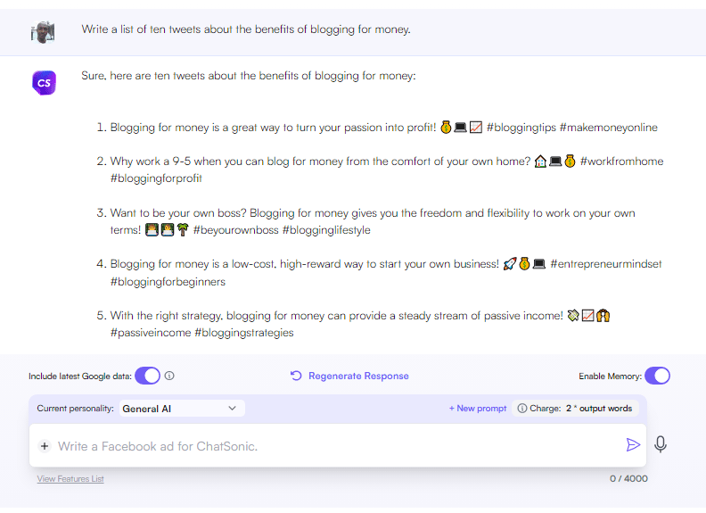 AI generated tweets from Chatsonic