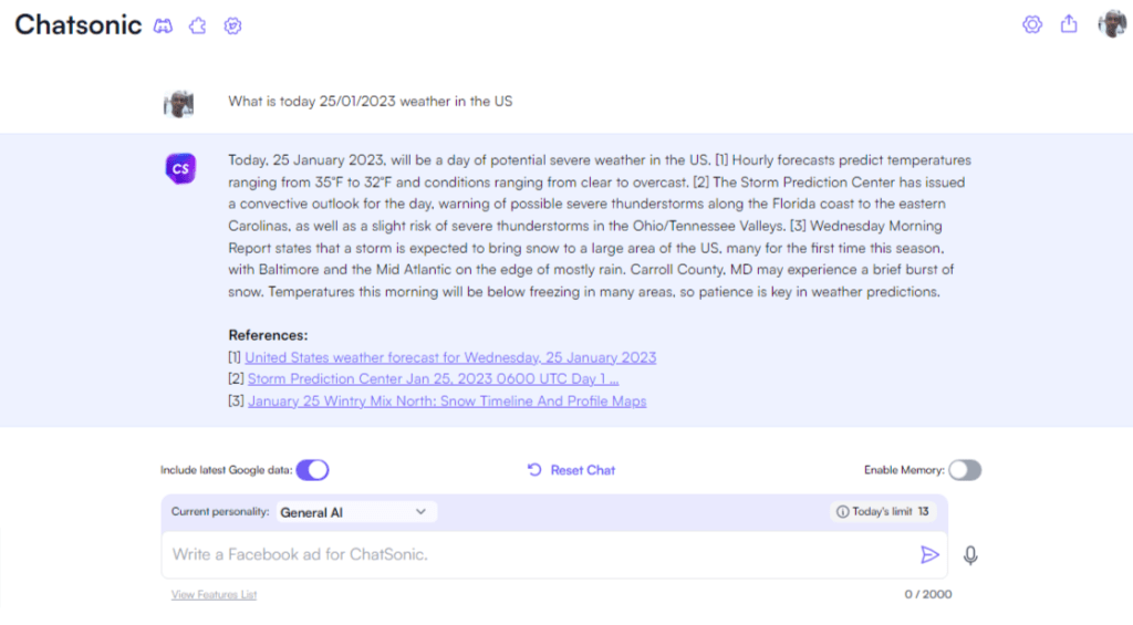 ChatSonic weather forcast result