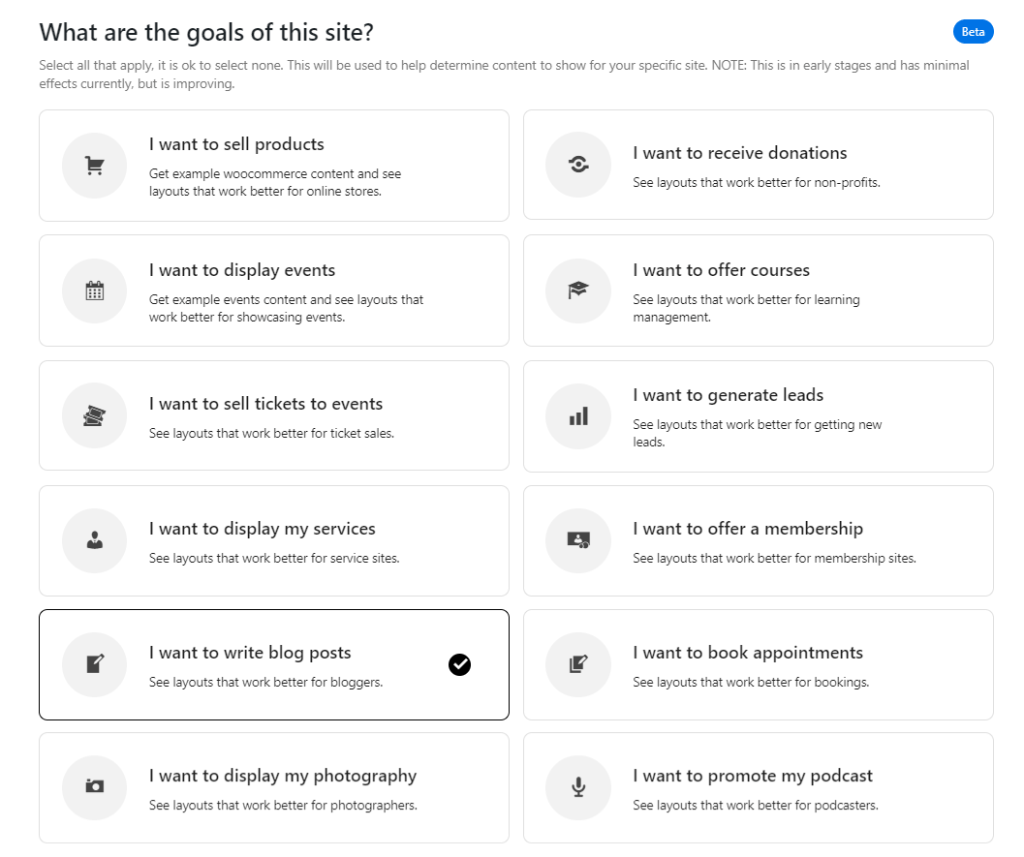 choosing the Site Goals in the Kadence AI