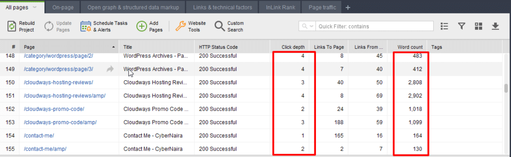 Technical SEO Audit report data in SEO powersuite