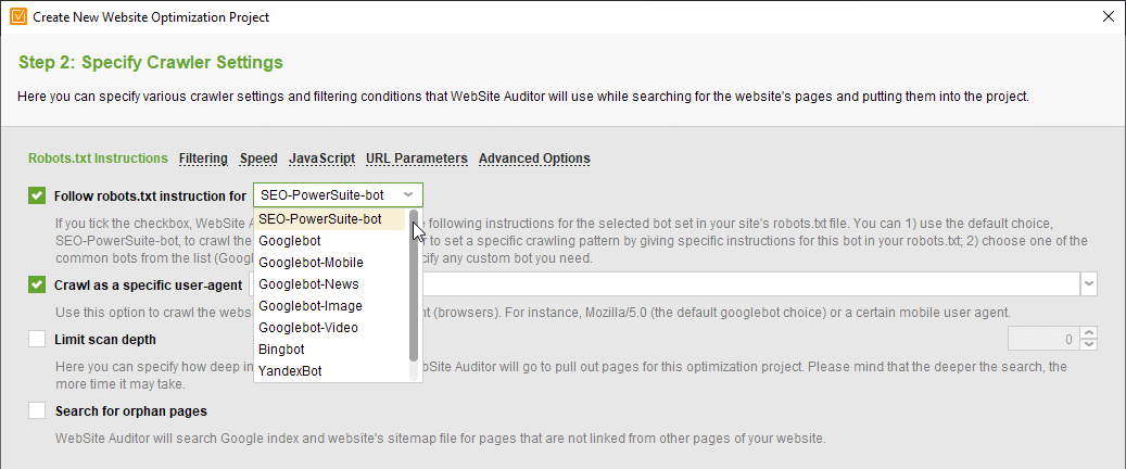 choose preferred search engine bot in website Auditor