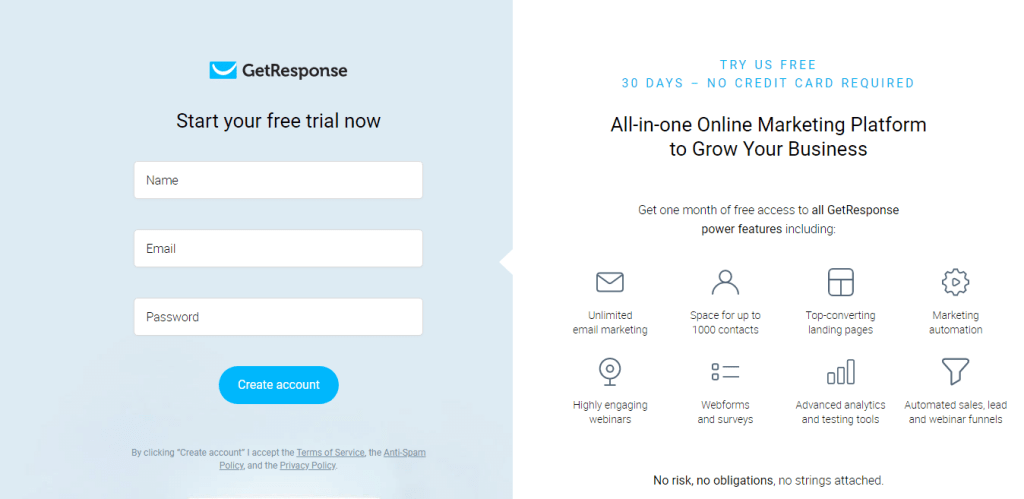 sign-up form on Getresponse website