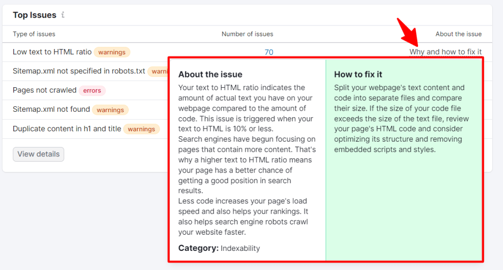 Semrush site audit SEO fix help panel