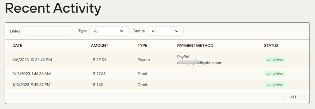 Dot.dev recent payment activity