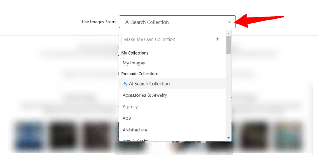 Drop down menu on the image collection page