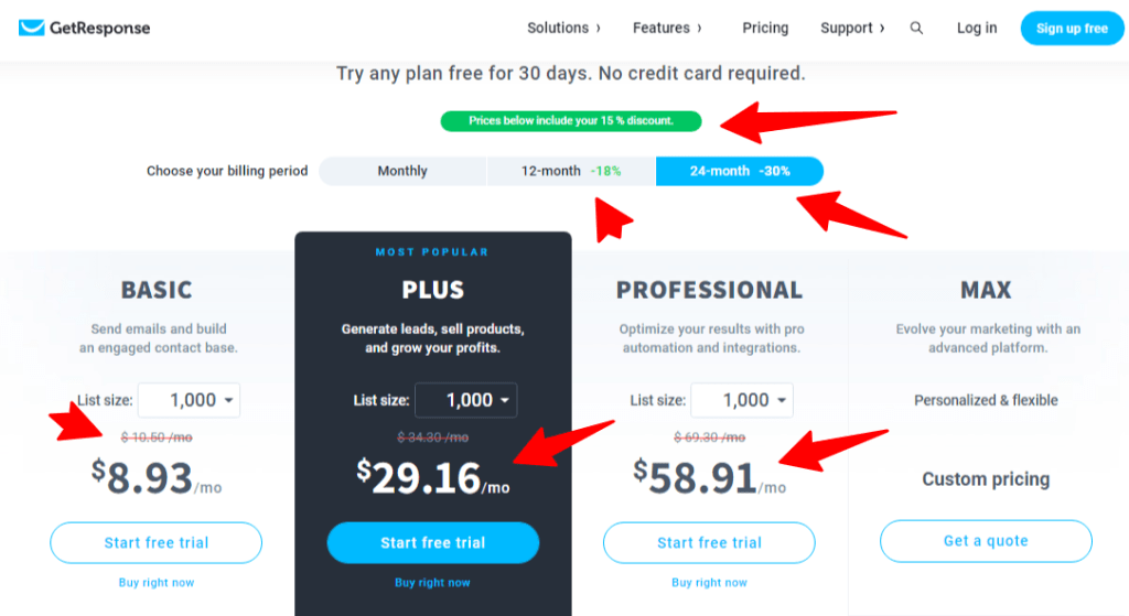 Getresponse pricing page