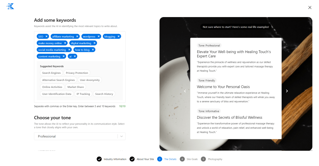 Enter your keyword and select tone of writing - Kadence AI setup wizard