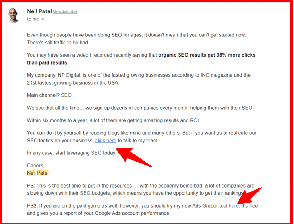 Neil Patel Newsletters with a text link CTA example