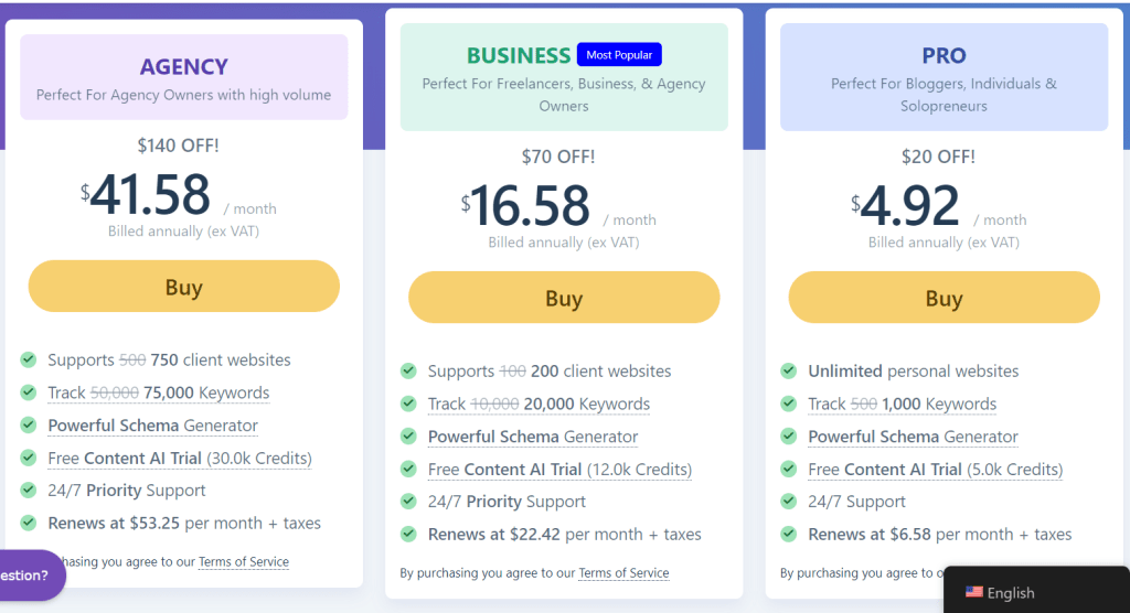 Rank Math pricing table