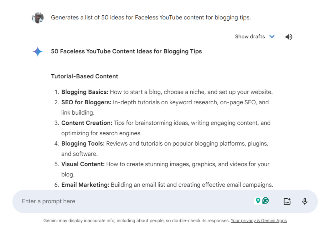 Gemini - 50 list of ideas for Faceless YouTube videos
