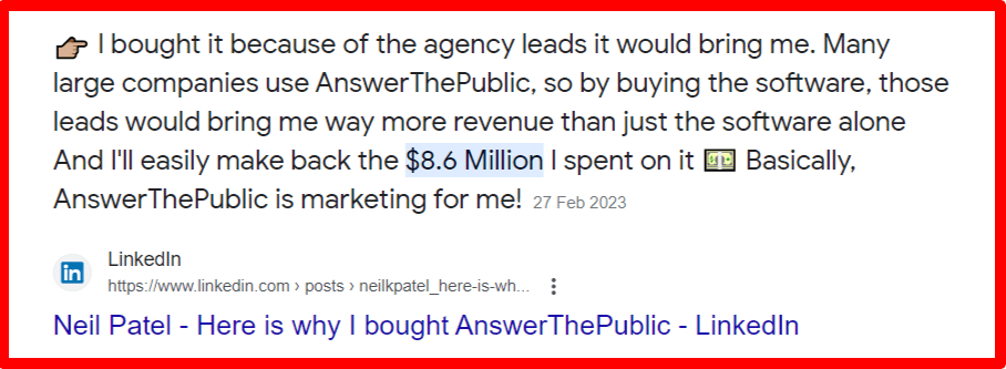 Google search result - Neil Patel purchased Answer The Public