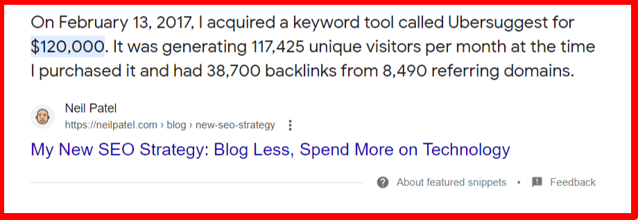 Google search results - Neil Patel purchased Ubersuggest
