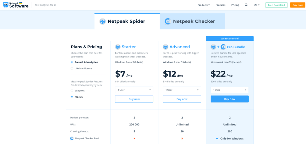 NetPeak Spider Plan and Pricing