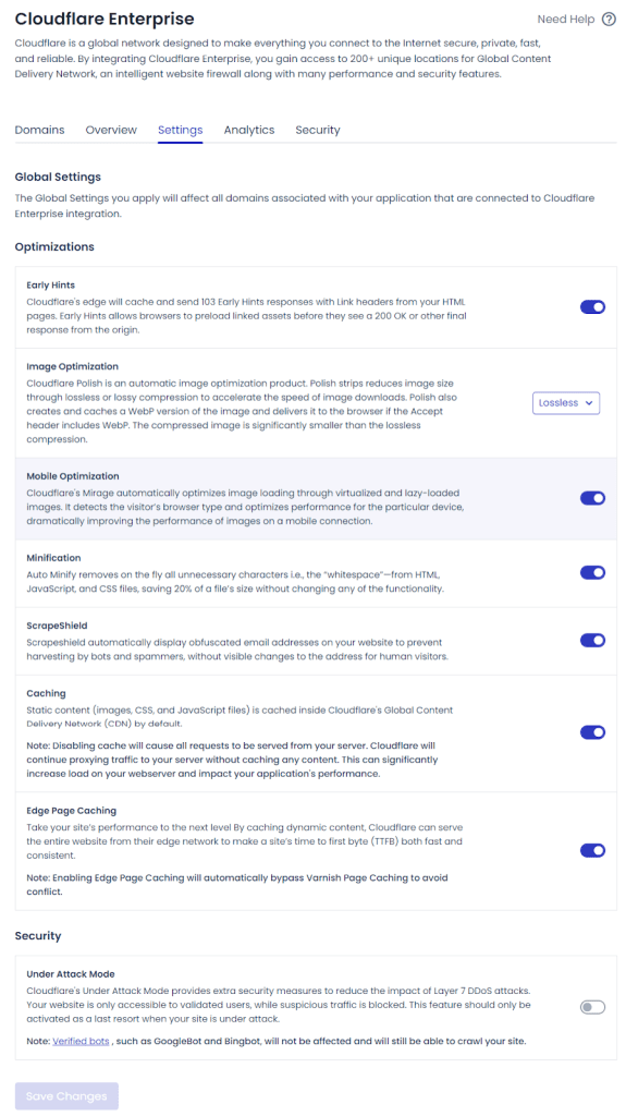 Cloudflare Enterprise addon setting