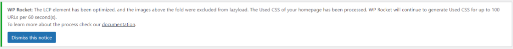 WP Rocket LCP elements optimization notice in WordPress admin