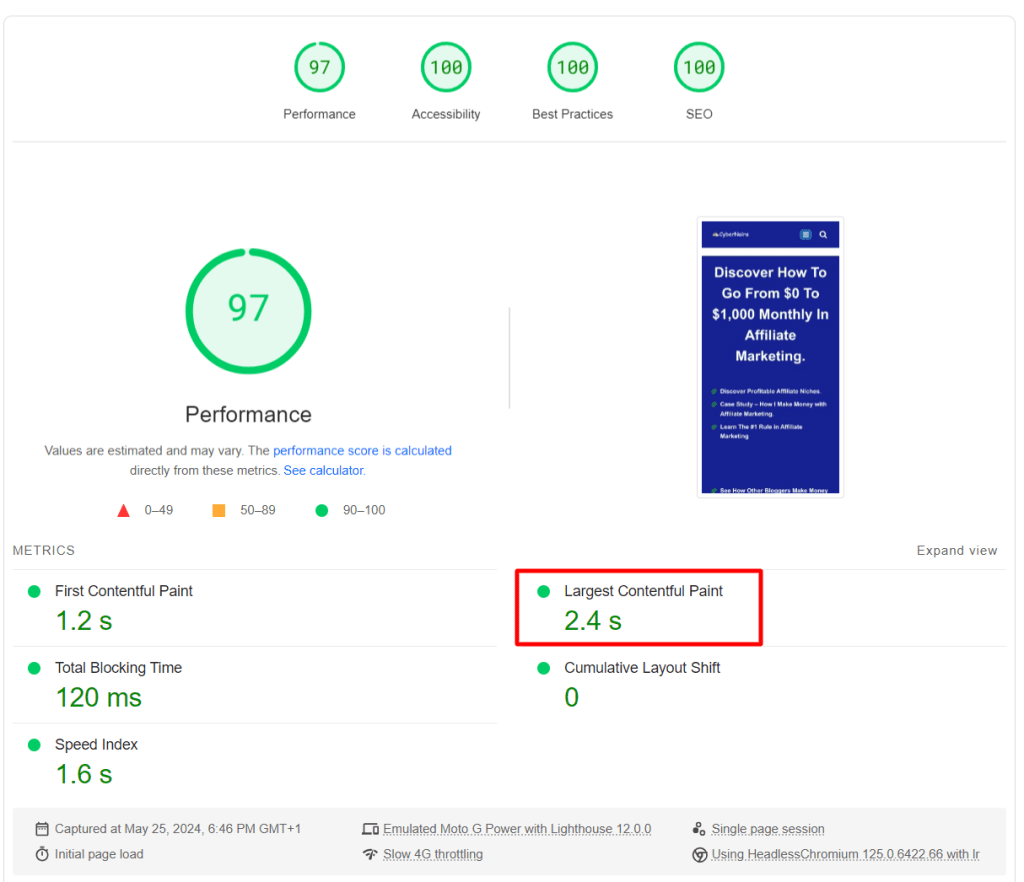 Page Speed Insight mobile LCP result for CyberNaira blog homepage