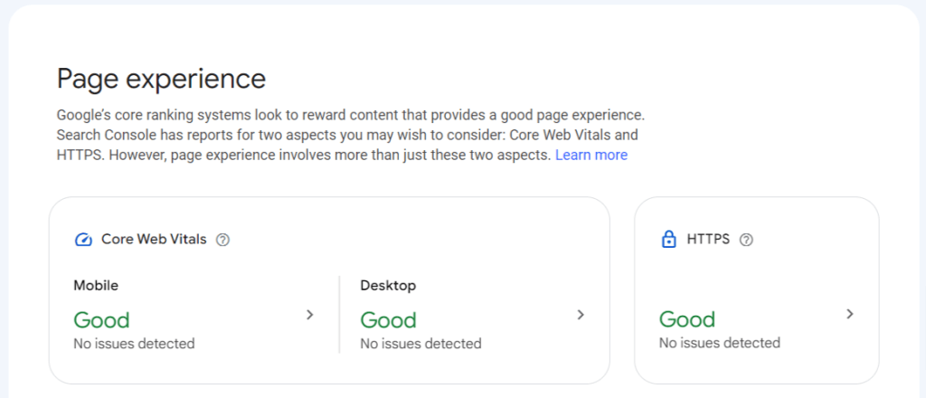 Google Search Console Page Experience report for CyberNaira