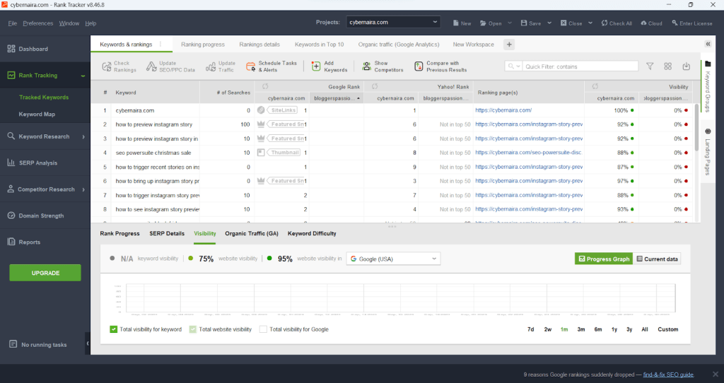 Rank Tracker keyword workspace