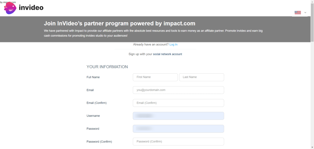 Invideo AI Affiliate program signup page on Impact