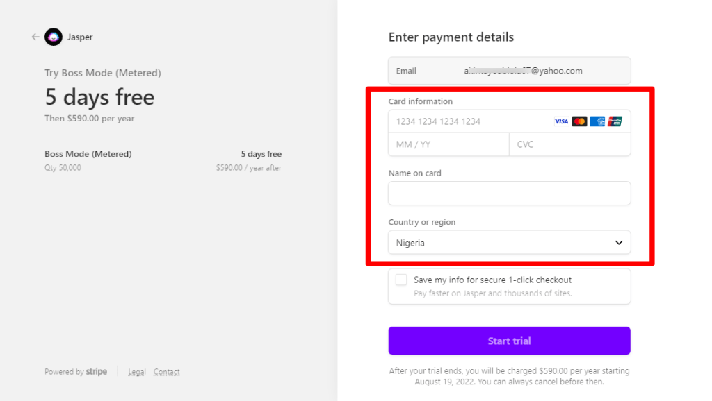 Stripe payment page for Jasper free trial offer