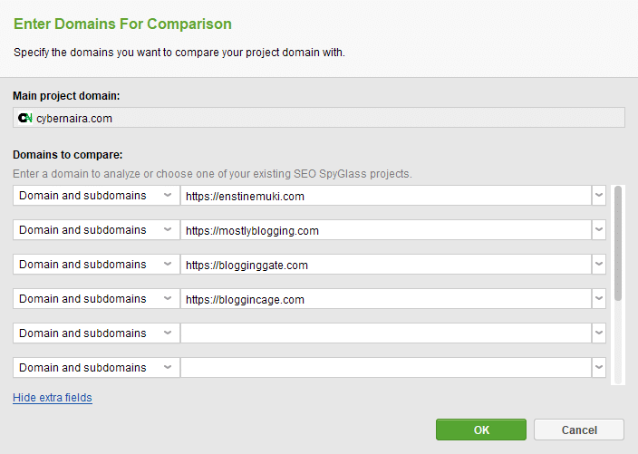 A list of competitors domain to analyze