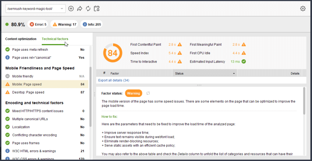 Website Auditor Technical Tab report page