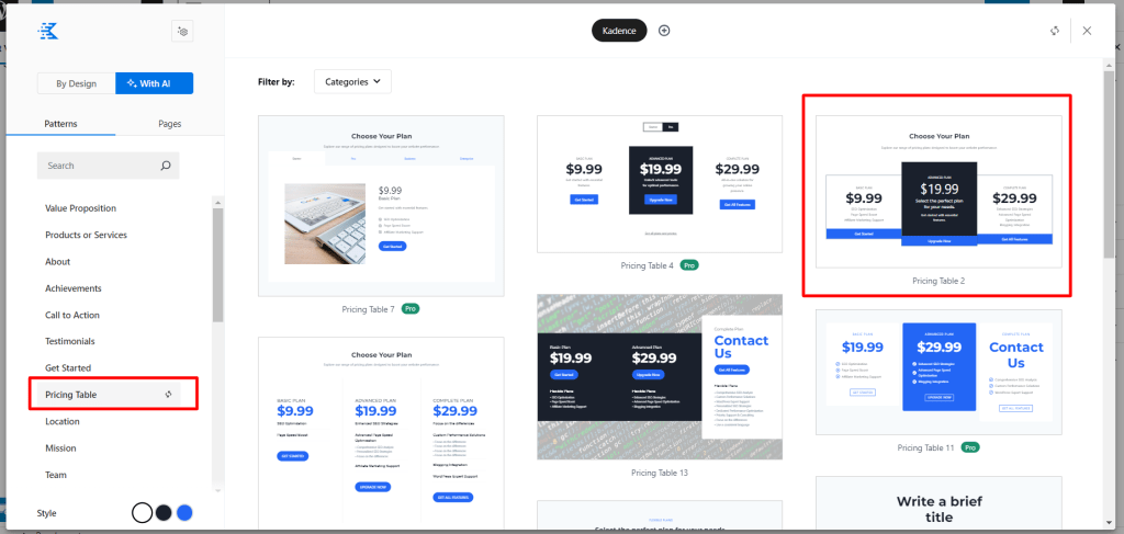 Kadence AI pattern pricing table