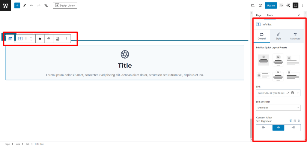 Kadence Block setting - Toolbar and side panel