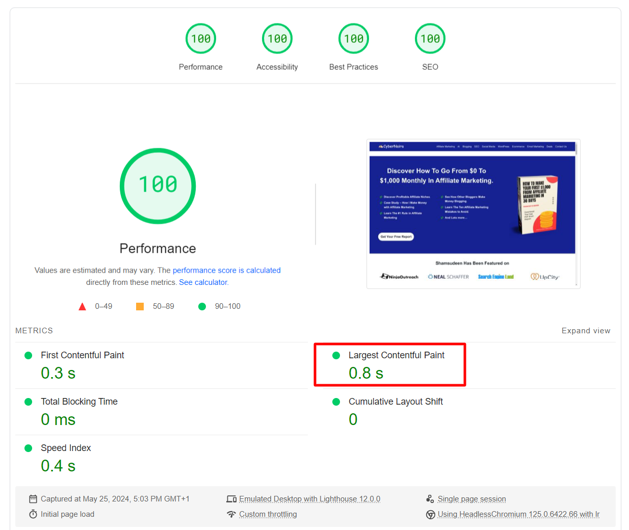 Page Speed Insight desktop LCP result for CyberNaira blog homepage