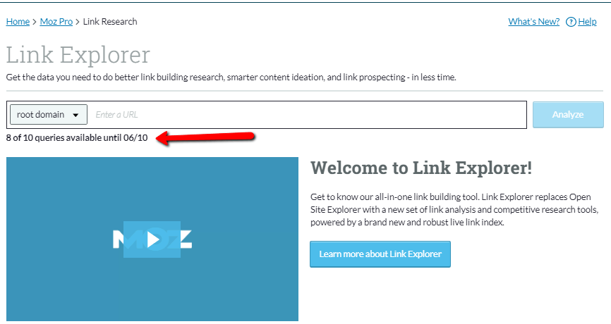 Moz link explorer home page image