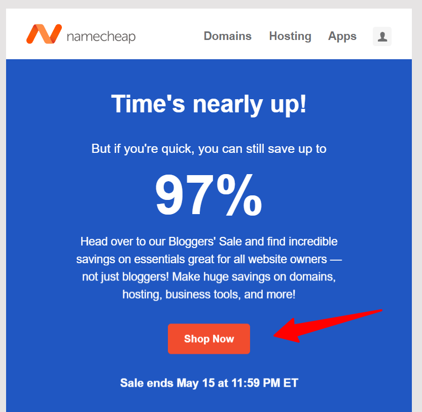 Namecheap bloggers sale newsletter with a CTA button example