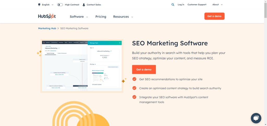 Hubspot SEO marketing software landing page