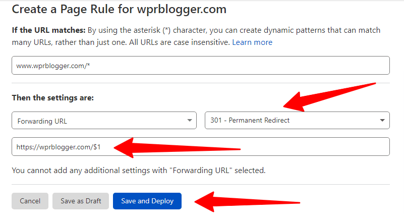 Setting the 301 redirect in Cloudflare