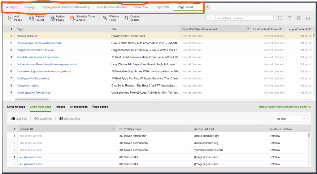 Pages tab in Website Auditor