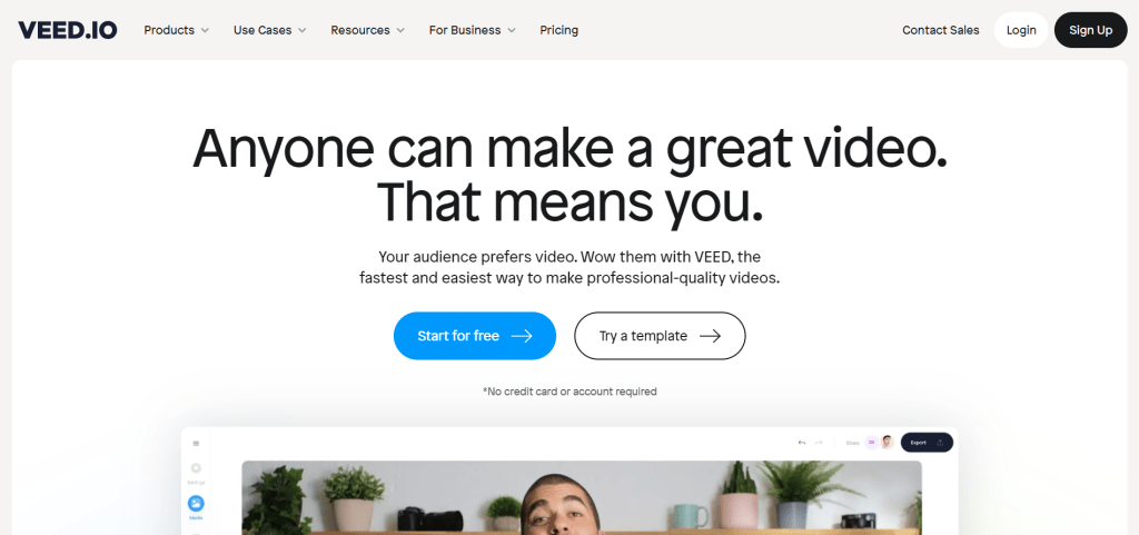 Veed ai video homepage