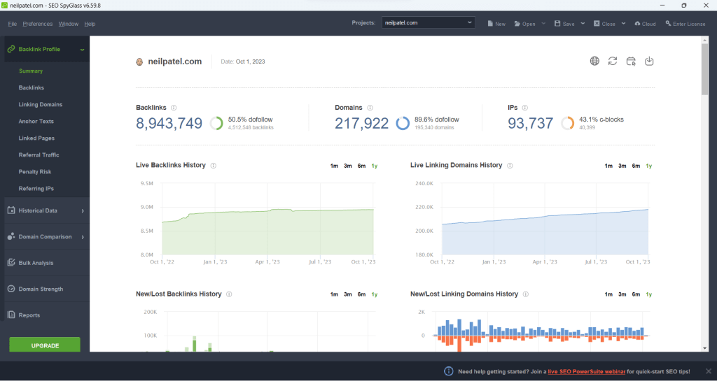 SEO Spyglass backlink checker tool interface