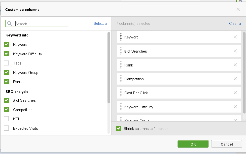 Rank Tracker Column settings