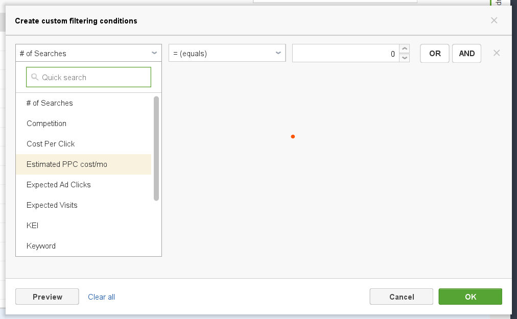 Rank Tracker filter panel