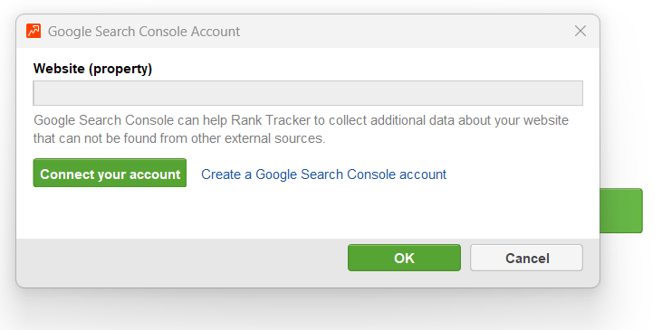 Rank Tracker GSC Connecting dialog box