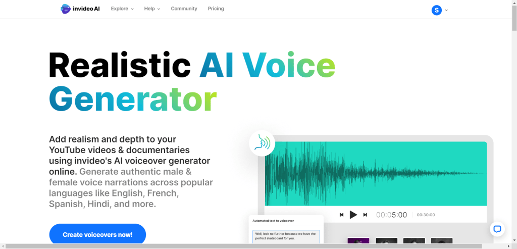 Invideo AI realistic voice generator