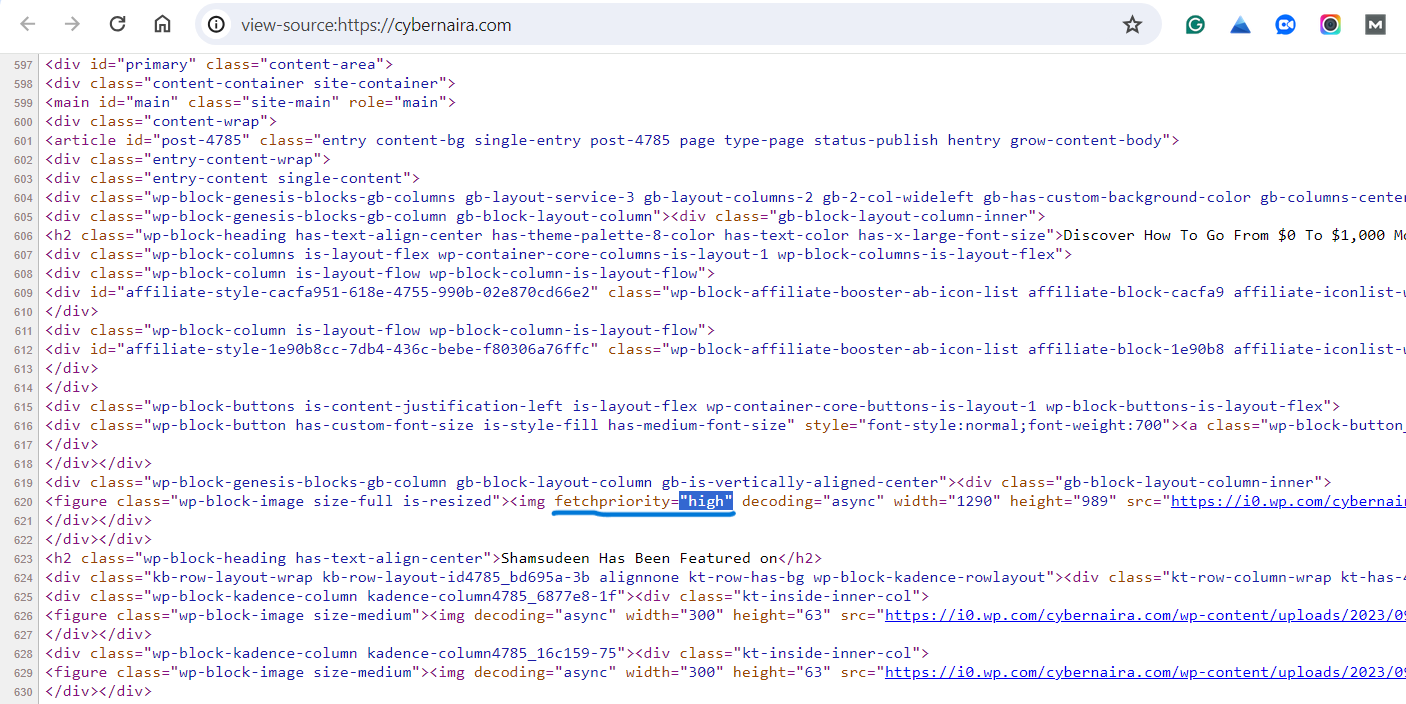 Page sources code showing the fetch priority attribute tag